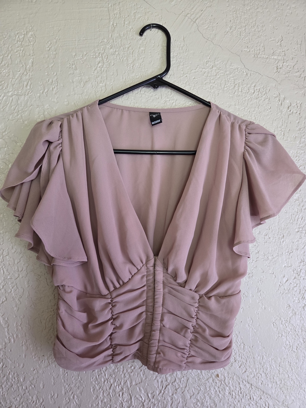 Windsor Blush Pink Ruched V-Neck Flutter Sleeve Blouse